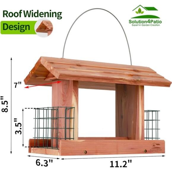 US Cedar Hopper Bird Feeder for Outdoors Hanging, Handcrafted Wood - Picture 2 of 7